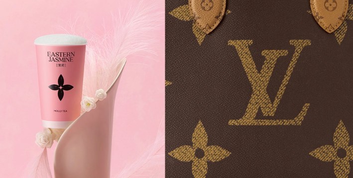 Molly Tea Eastern Jasmine bardağındaki dört yapraklı logo ile Louis Vuitton monogram desenli çantanın karşılaştırması